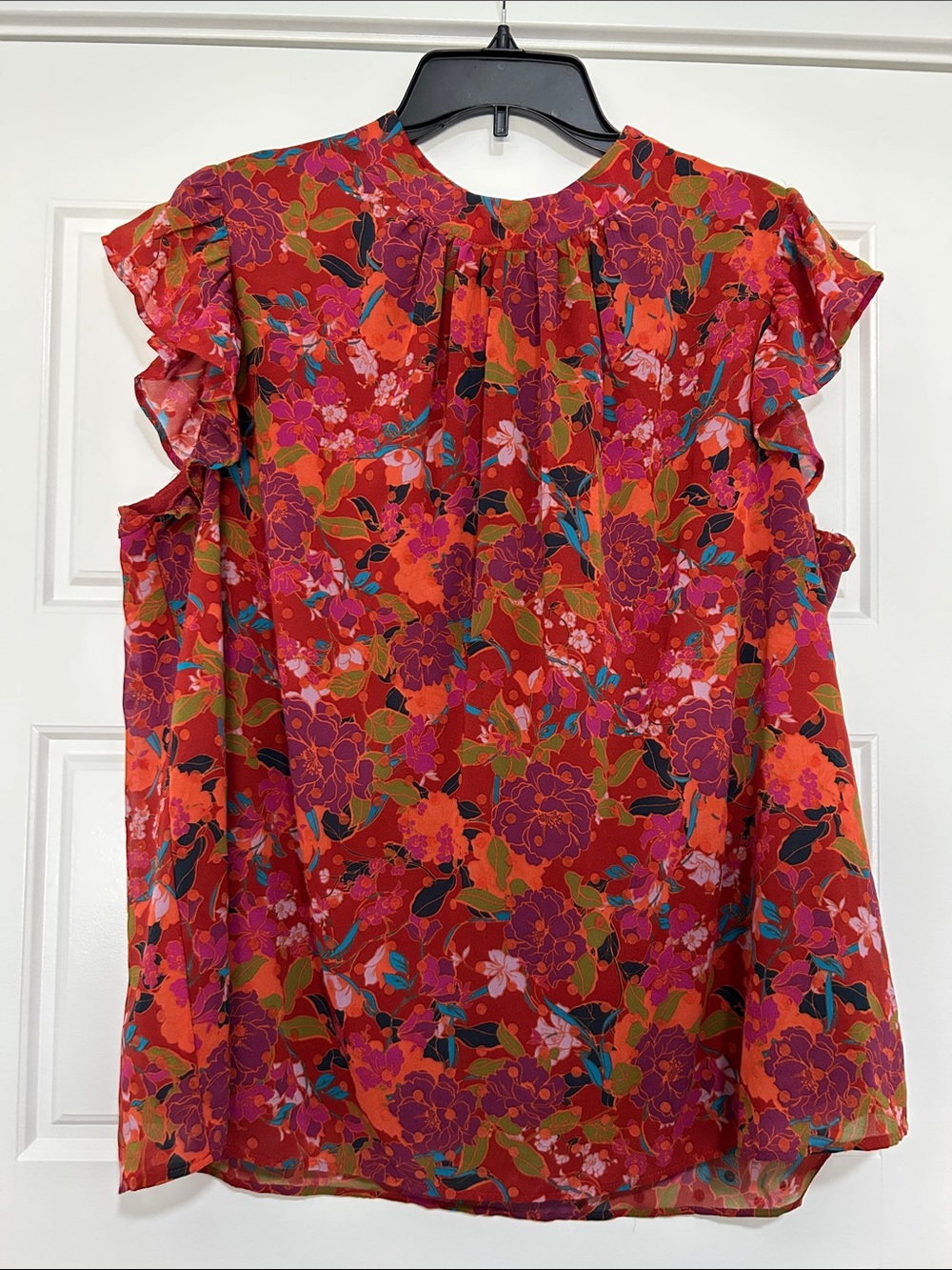 DR2 Red Floral Ruffle Sleeve Blouse